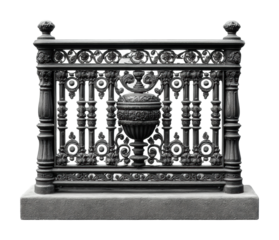Ornate iron railing design urban architectural detail front view isolated on transparent background, png