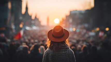 Woman in Hat Watching Crowd Against Sunset Sky