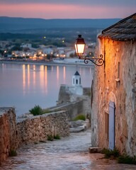 Charming cobblestone street with a glowing lantern overlooking the tranquil sea at dusk
