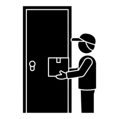 Contactless Delivery:  Simple Black Icon Graphic of Courier Delivering Package at Door