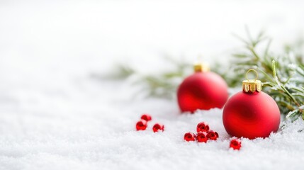 Christmas decorations on snow with red ornaments and pine branches
