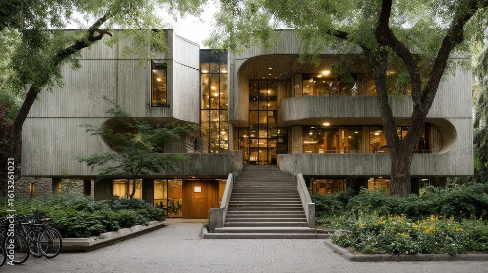 Poster front facade of university building with open staircase