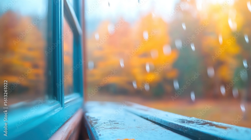 Poster raindrops on a window with colorful autumn foliage in the background