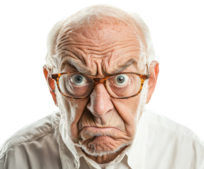 Frustrated senior man portrait isolated on transparent background, png