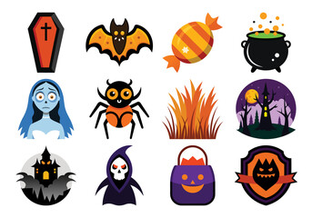Funny black and color Halloween cats with pumpkins bats and spooky night elements