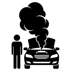 Broken Down Car: Silhouette Icon,  Overheating Engine,  Smoke Plume,  Person Waiting,  Simple Graphic,  Black and White,  Problem,  Roadside Assistance.