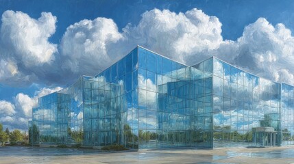 Obraz premium Glass-heavy school structure, reflection of sky