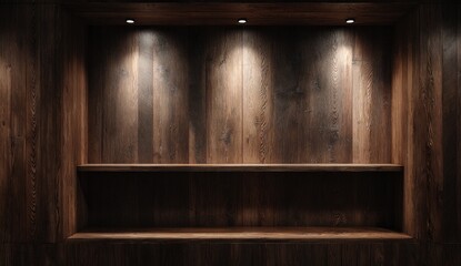 Dark wood display shelves, lit by spotlights