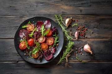 Salad placed on a black antique desk