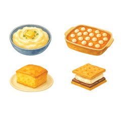 American Food Watercolor Pack #10—Mashed Potatoes, Sweet Potato Casserole, Corn Bread, S'mores. Watercolor Illustration. Design Element. Clip art. Suitable for artwork design.