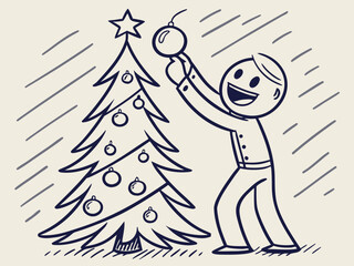 Fototapeta premium Vector illustration of a man decorating a Christmas tree with joy and enthusiasm
