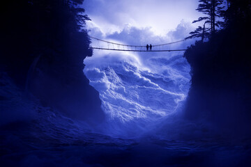 Suspension bridge over a narrow strait between two steep cliffs