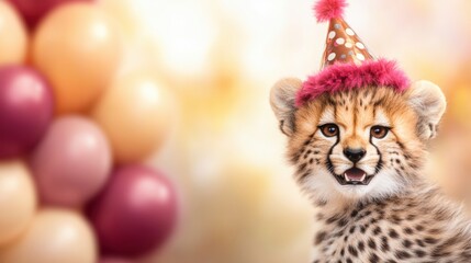 Cute young cheetah wearing a party hat celebrates with festive balloons