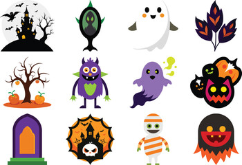 Funny black and color Halloween cats with pumpkins bats and spooky night elements