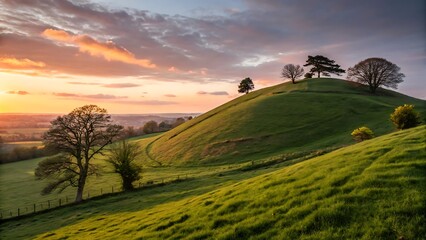 Picturesque landscape of a green hill at sunset with dramatic sky and soft sunlight creating a peaceful rural scene