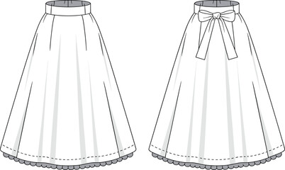 Long flared skirt technical drawing with waistband and bow tie back, hem scallop detail, front and back cad vector sketch