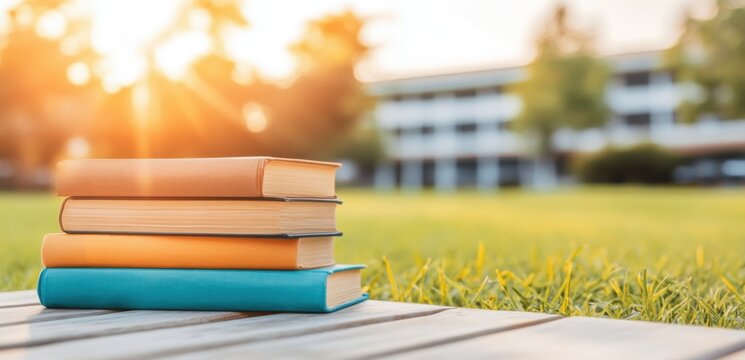 Books stacked on a wooden surface during a sunny afternoon in a park