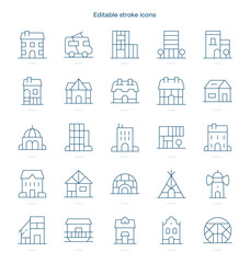 Types of houses stroke icon. Types of houses line icon set. editable stroke icon pack