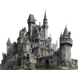Majestic castle structure enchanted forest architectural fantasy landscape aerial view isolated on transparent background, png