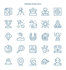 UFO and aliens stroke icon. UFO and aliens line icon set. editable stroke icon pack