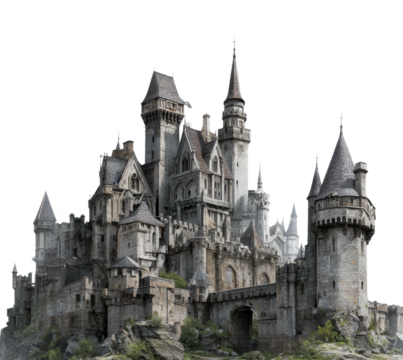 Majestic castle structure enchanted forest architectural fantasy landscape aerial view isolated on transparent background, png
