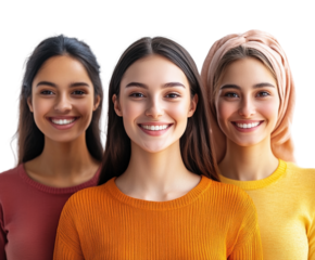 Smiling women in colorful sweaters portrait joyful mood isolated on transparent background, png