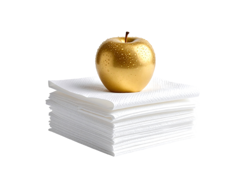 Golden apple atop a stack of white paper napkins, isolated on a transparent background - Powered by Adobe
