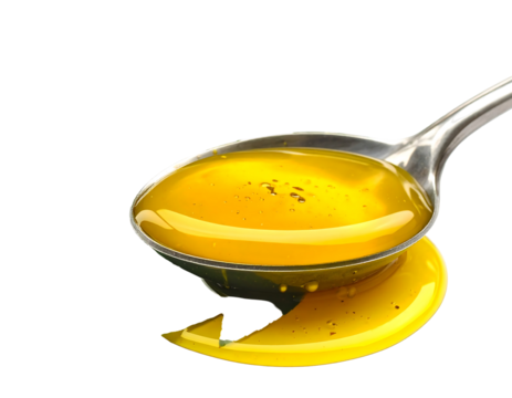 Golden liquid poured from a spoon onto a dark background, showcasing a viscous, amber-yellow liquid with specks, suggesting honey, oil or syrup. Highlighted by the metallic sheen of the spoon, the