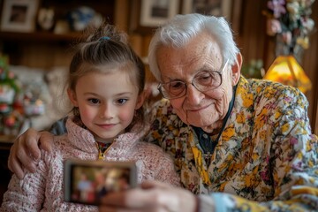 Grandparents taking a selfie with their grandchildren before a traditional Easter lunch, capturing family traditions and joyful celebrations, Generative AI