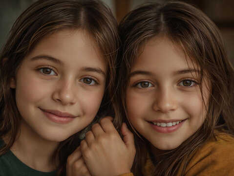 Smiling twins in a close-up portrait, capturing their youthful joy and connection.