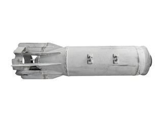 Old Soviet FAB-100 aerial bomb with tail fins is isolated.