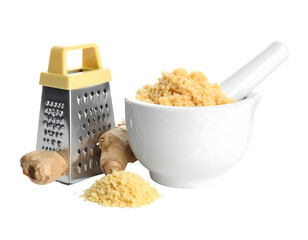 Grated ginger in a white mortar and pestle, along with fresh ginger roots and a metal grater, on a plain white background