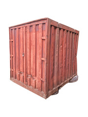 Old red cargo container with visible rust and lock is isolated.
