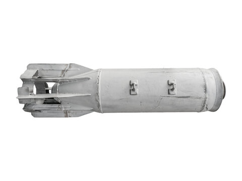 Old Soviet FAB-100 aerial bomb with tail fins is isolated.