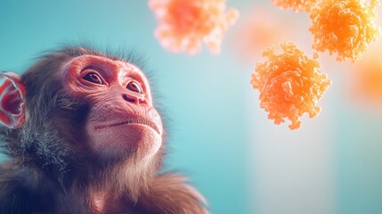 Monkey observes floating orange spherical objects in bright environment