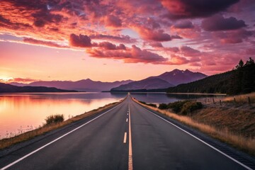 Scenic highway at sunset with mountain lake