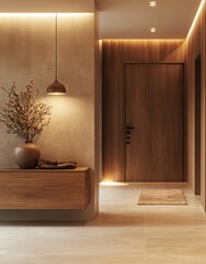 Contemporary hallway interior with a wooden sideboard and accent lighting, rendered in 3D with a focus on style and functionality, Generative AI
