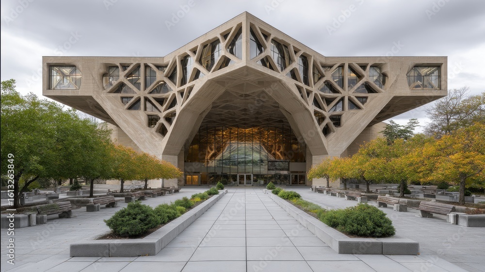 Poster wide-angle view of university building with geometric shape