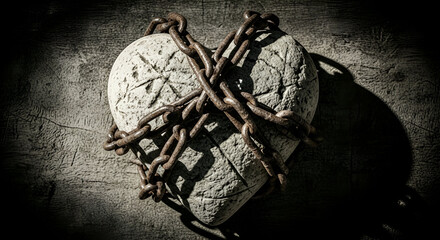 Heavy chains binding a cracked stone heart against a dark rustic background, symbolizing love, pain, and emotional struggles in a powerful metaphorical representation
