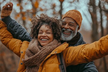 Happy senior couple stretching together during a hike in an autumn forest, promoting the benefits of staying active and maintaining fitness in later life, Generative AI