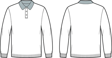 Men’s long sleeve polo shirt design, front and back flat sketch, ribbed cuff hem, buttoned placket, fashion cad vector illustration