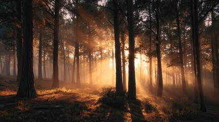 Fototapeta premium golden sunrise light breaking through dense fog and tall pine trees in a quiet forest