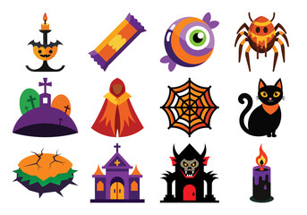 Obraz premium Funny cartoon birds and animals in Halloween costumes with pumpkins bats and spooky symbols