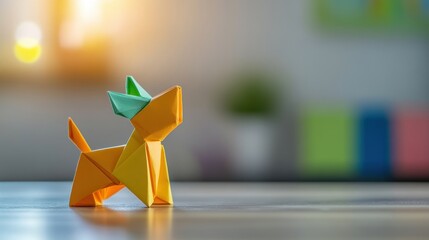 Colorful origami dog stands on a wooden table near a sunlit window