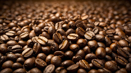 Fototapeta premium Brown coffee grains and free space for your decoration. on table