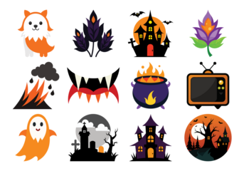 Funny cartoon birds and animals in Halloween costumes with pumpkins bats and spooky symbols