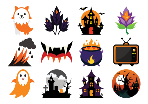 Funny cartoon birds and animals in Halloween costumes with pumpkins bats and spooky symbols