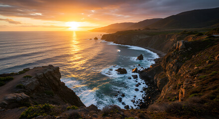 Golden Hour at Big Sur Coastal Cliffs and Pacific Ocean Waves