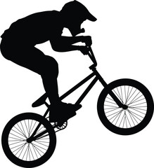 Dynamic bmx rider performing a wheelie trick on a bicycle in a striking black silhouette