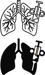 Biopsy Lung Icons. Black and White Vector Illustrations. Taking a Tissue Sample from the Lung for Research. Taking Tissue with Thoracoscope. Lung Disease and Medicine Concept.